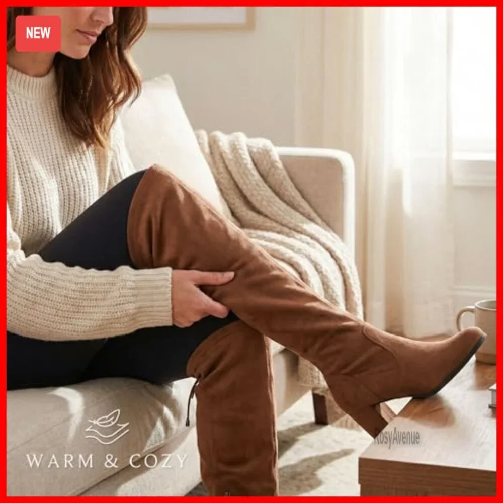 Women's Over-the-Knee Boots with Chunky Heel, Vegan Suede, True to Size